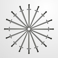 Iron swords piled in a circle. Vector illustration.