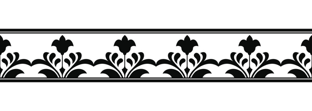 Seamless floral vector ornament. Flower and leaves. Black pattern isolated on a white background.