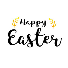 Happy Easter lettering with golden glitter leaves. Holiday symbol. Greeting card vector illustration