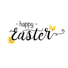Happy Easter lettering with golden glitter leaves and flower. Holiday symbol. Greeting card vector illustration