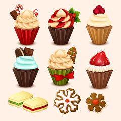 Vector Christmas cupcakes set