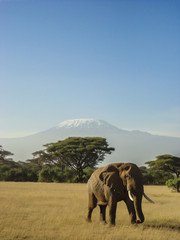 a big elephant in front of Kilimanjaro.