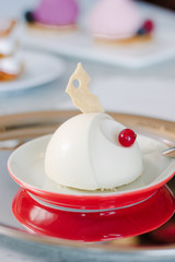 Beautiful and delicious panna cotta on red plate.