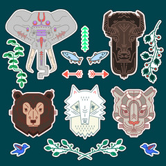 Set of animal patches elements. Set of stickers, pins, patches and handwritten notes collection in cartoon 80s-90s comic style.Vector stickers kit © NKTN
