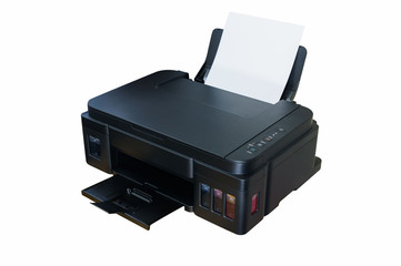 A multi function printer with internal ink tank is isolated white background.