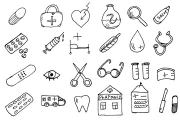 Set of different medical icons of wound care and treatments for medical info graphics on blue tiles. Hand drawn cartoon sketch vector illustration, marker style coloring. Vector eps 10.