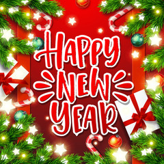  greeting card with wreath vector background. Hand drawn calligraphy. concept handwritten Happy new year.