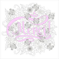 Typography banner pink Merci, means thanks in french languageThanks, swirls hand drawn orange lettering on grey outline flowers background stock vector illustration