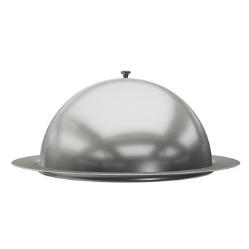 Restaurant cloche on plate close. 3d render isolated on white