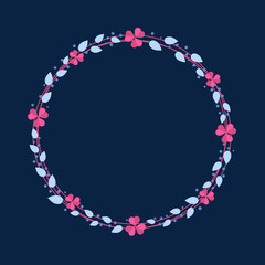 Holiday Christmas and Happy New Year Floral wreath with pink berry, blue leaves and fruit. Holiday wreath xmas winter decor. Cartoon Vector decorative christmas berry leaf on dark background