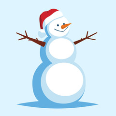 Funny Cartoon Snowman in a red Santa hat. Vector character-smiling snowman. Merry christmas and happy new year greeting card with snowman. Vector illustration isolated from blue background