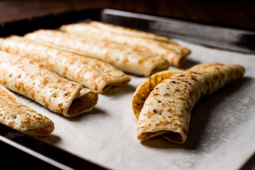 Crepes with Chocolate Cream on Tray 