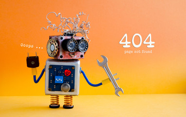 Error 404 page not found concept. Friendly crazy robot handyman with hand wrench on yellow orange...