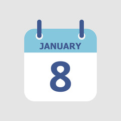 Flat icon calendar 8th of January isolated on gray background. Vector illustration.