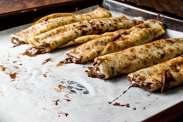 Crepes with Chocolate Cream on Tray 