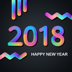 2018 Happy New Year greeting card with glowing multi colored design. Vector illustration.