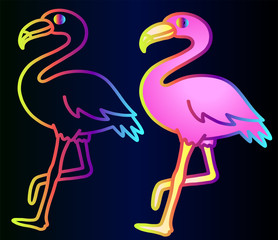 Collection of flamingos - pink flamingos and outline sketch of a rainbow of flamingos. Exotic bird - idea for a sticker, badge