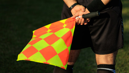 Soccer assistant referee on the field holding the flag.