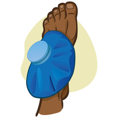 Illustration of firs aid person afro descent, foot with thermal bag, top view. Ideal for catalogs, information and medicine guides