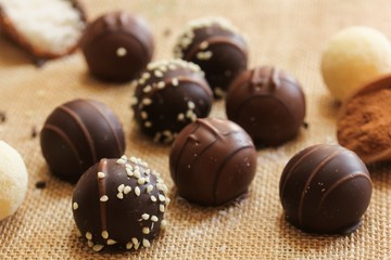 Chocolate Truffles on Burlap frame / xmas desserts