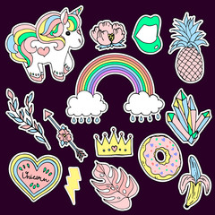 Set of fashion patches elements. Set of stickers, pins, patches and handwritten notes collection in cartoon 80s-90s comic style. Unicorn, rainbow, heart, lips and other. Vector stikers kit