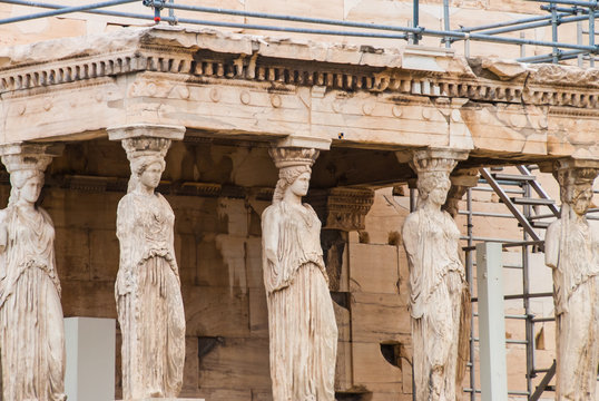 Caryatids of the Erechtheion temple on Acropolis hill archaeological site next to Parthenon in Athens Greece 