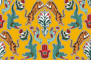 Seamless indian pattern. Set of stickers, pins, patches and handwritten notes collection in cartoon.Leopard, crocodile, hamsa, flower, plant. Vector illustration © NKTN