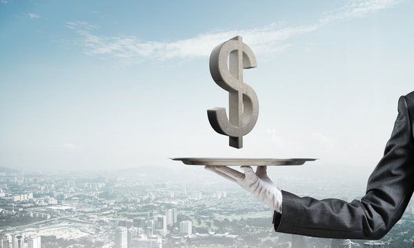 Waiter presenting dollar symbol on tray.