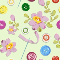 Pattern with buttons and embroidered colors from ribbons. Vector illustration.