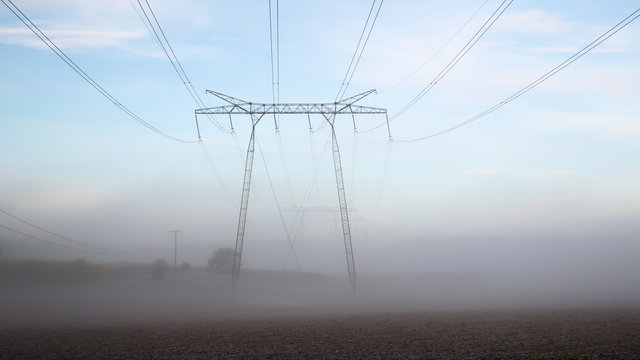 Large power lines in a foggy landscape in the sunrise.