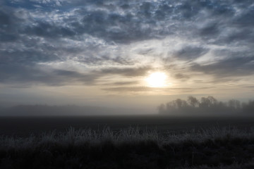 Cold foggy landscape, field in the sunrise. Frosty grass in the foreground.