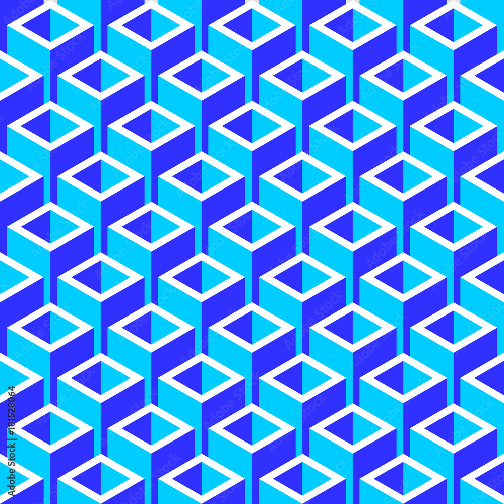 Poster abstract vector seamless pattern with 3d cubes on simple background. illustration of blue solid figu