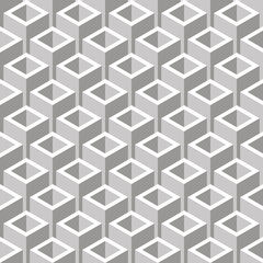 Abstract vector seamless pattern with 3D cubes on simple background. Illustration of gray solid figures. Color image with geometric squares. Hipster filing. Beautiful composition. Cute print.