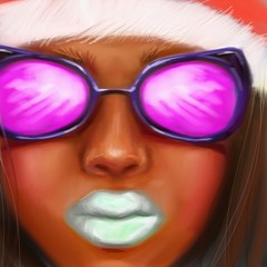 Afro girl in pink glasses and a New Year hat in the style of digital oil painting