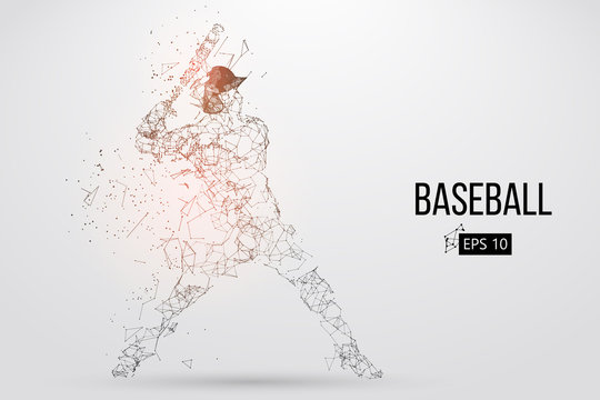 Silhouette of a baseball player. Dots, lines, triangles, text, color effects and background on a separate layers, color can be changed in one click. Vector illustration.