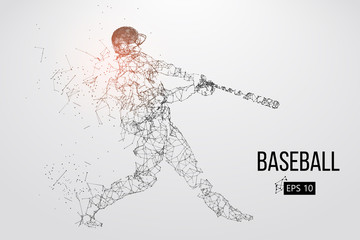 Fototapeta na wymiar Silhouette of a baseball player. Dots, lines, triangles, text, color effects and background on a separate layers, color can be changed in one click. Vector illustration.