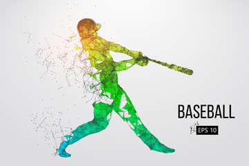 Fototapeta na wymiar Silhouette of a baseball player. Dots, lines, triangles, text, color effects and background on a separate layers, color can be changed in one click. Vector illustration.