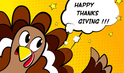 Happy Thanksgiving vector card with cartoon turkey. Comics style. - 181531215