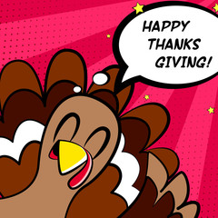 Happy Thanksgiving vector card with turkey on pink background. Comics style.