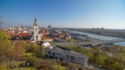 Fototapeta na wymiar Panorama of Bratislava with the Danube, Slovakia. Aerial view of Bratislava, Slovakia.