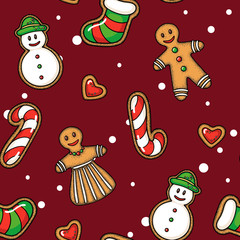 Hand drawn vector gingerbread seamless pattern, good for wrapping paper or fabric