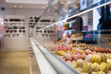 Macaroons Colorful traditional french sweets macarons in a shop