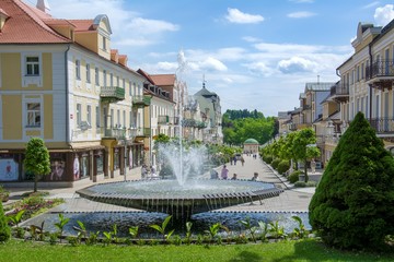 Spa architecture - sunny day in the center of town Frantiskovy Lazne (Franzensbad) near historical...