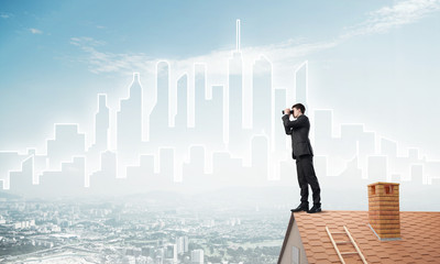 Businessman standing on roof and looking in binoculars. Mixed media