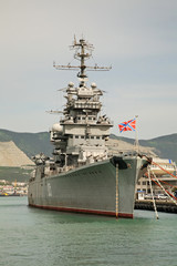 Cruiser Mikhail Kutuzov at Lazar Serebryakov embankment in Novorossiysk. Krasnodar region. Russia 