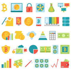 Bitcoin mining money icons vector virtual crypto currence blockchain finance internet business bit cryptocurrency coins traiding investment illustration exchange concept