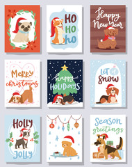 Christmas 2018 dog card vector cute cartoon puppy characters illustration home pets doggy Xmas print design web banner celebrate in Santa Red Hat