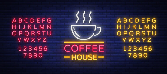 Coffee neon signboard, logo, glowing emblem, vector illustration for your business. A bright signboard advertising coffee, hot drinks. Editing text neon sign. Neon alphabet © Ivan