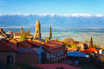 View of Signagi and Alazani Valley on the sunset