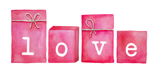 Set of four pink gift boxes with printed letters and word 